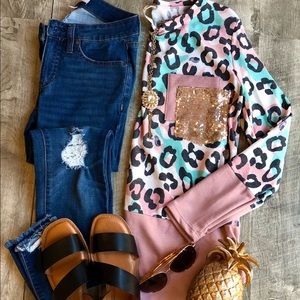 Blush pink leopard sequin pocket tunic top blouse